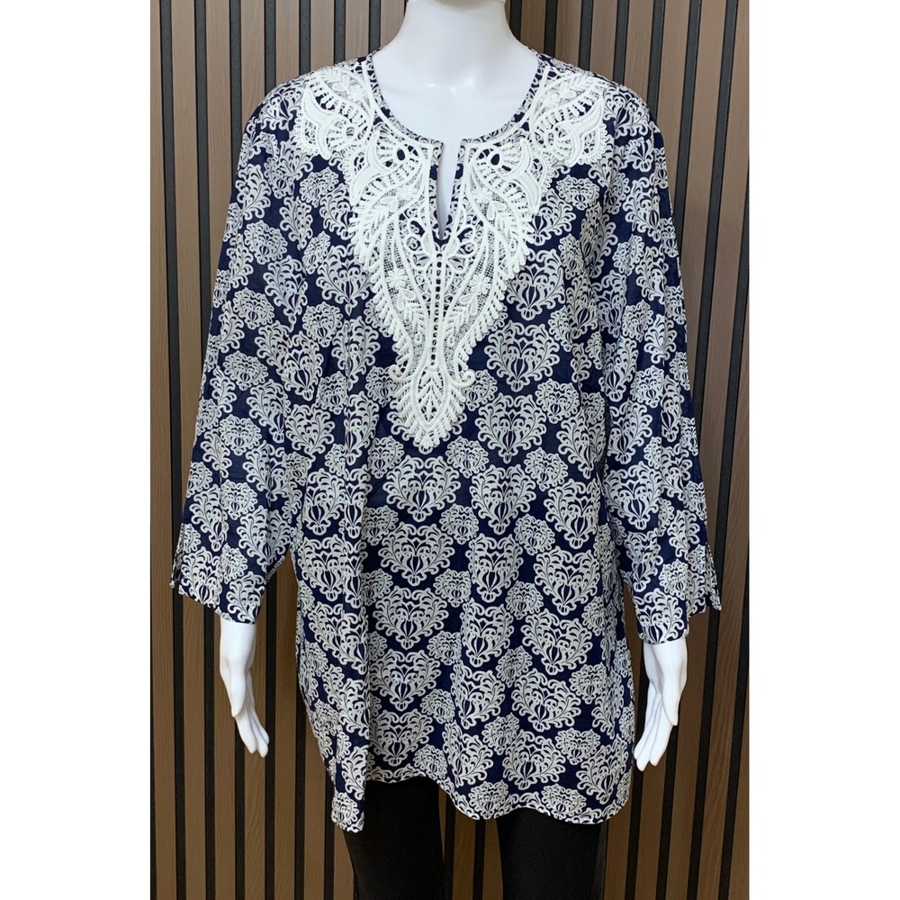 Talbots Plus Women's 2X Navy White Damask Cotton Tunic Crochet Lace Bib Top